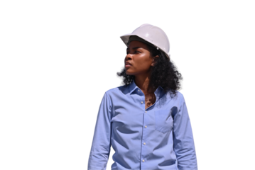 Engineers wearing safety gear, including hard hats examining survey standing industrial facility engaged in a job requires high safety standards concept with PNG white background.