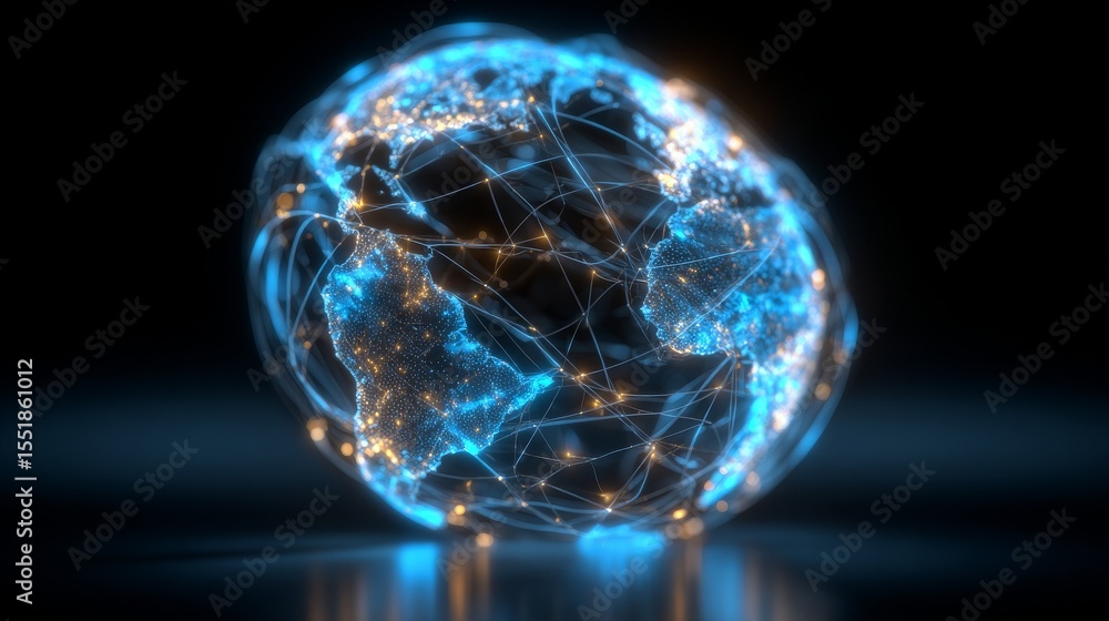 Poster a holographic globe with abstract design and multiple connection points represents social media and 