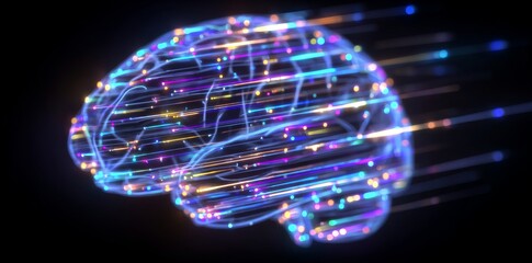 A brilliant, 3D-rendered brain, illuminated by vibrant light particles and encircled by neural pathways, serves as a symbol of human mental power, innovation, and the field of neuroscience