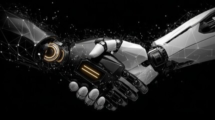 A businessman and a futuristic robot AI are engaging in a handshake, symbolizing the intersection of human expertise and technological advancement in a dynamic relationship