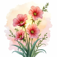 Fototapeta premium Pink Flowers Watercolor Painting with Soft Light and Green Leaves