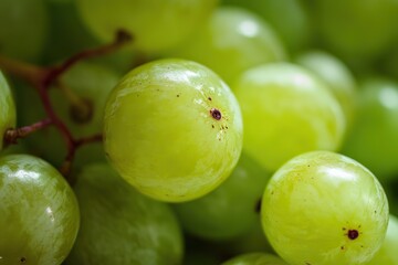 Obraz premium Close-up of green grapes with macro photography, shallow depth of field on green background, text area for advertising.