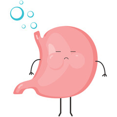 Stomach bloating vector. Stomachache icon. Sad cartoon internal human digestive organ character feeling pain and flatulence isolated on white background