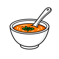 Cartoon Illustration of a Bowl of Tomato Soup with a Spoon and Basil Garnish, Simple and Clean Design
