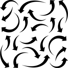 A dynamic and intricate black and white vector illustration featuring a multitude of curved and angular arrows pointing in various directions. The arrows are densely packed, creating a visually engagi