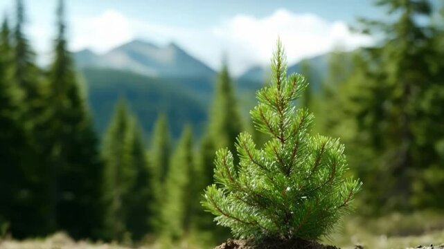 Lush green pine tree forest and mountain landscape with blue sky and sunlight, peaceful nature outdoor scene, young pine tree growth vibrant green needle forest, summer environment, conservation
