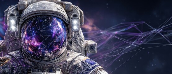 This mixed media artwork shows an astronaut navigating in complete darkness