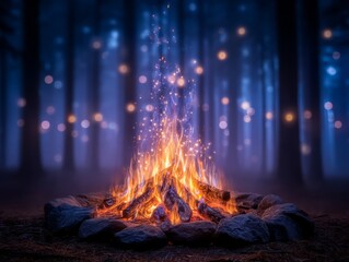 Enchanting campfire embers flicker against the melancholic hues of the sky and surrounding forest