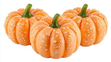 The autumn harvest yields pumpkins that are adorned with glistening raindrops, making them perfect for seasonal decorations and stock