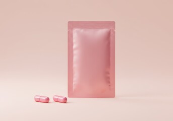 Pink supplement pouch with two capsules on a pink background