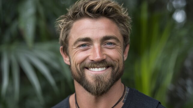 Image of a cheerful and beaming individual, a yoga instructor residing on a tropical island