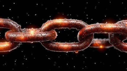 A detailed view of corroded chain links is emphasized by the presence of water droplets, illustrating the effects of time on industrial components and conveying a palpable feeling of durability and