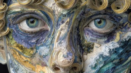 This dynamic paper arts collage showcases an abstract human face with a vibrant array of colors and textures