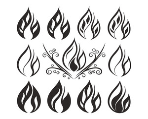 Fire Vector Icon Set in Classic Tattoo Flame Style. Retro Silhouettes in Black for Fuel Label Graphics, Motorcycle Flames, Bonfire Symbols, and Flammable Product Illustration.

