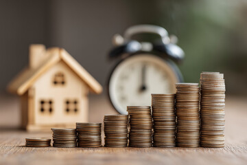 Stack of coins growing in size next to a wooden house model and a clock, symbolizing long-term savings and retirement planning, with copy space for economic concept