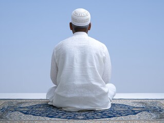 A peaceful aura surrounds a man as he meditates on a prayer rug, his back to the viewer, embodying tranquility in a serene reflective moment