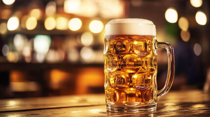 Glass of golden beer on wooden table with blurred bar in the background