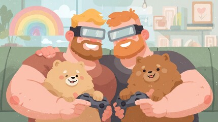 Two men are wearing VR headsets while laughing and playing a game, and one of them is holding a stuffed animal