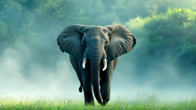 African elephant mammal with large tusks and ears in misty grassland, surrounded by lush green forest, powerful wildlife nature scene in Africa, tranquil atmosphere, early morning light