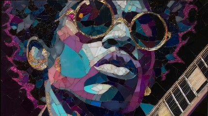 In a striking display of art, a guitarist is shown playing music in front of a backdrop made up of a colorful and intricate mosaic design in a collage