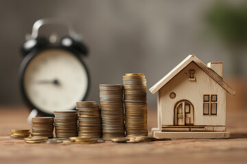 Stack of coins growing in size next to a wooden house model and a clock, symbolizing long-term savings and retirement planning, with copy space for economic concept