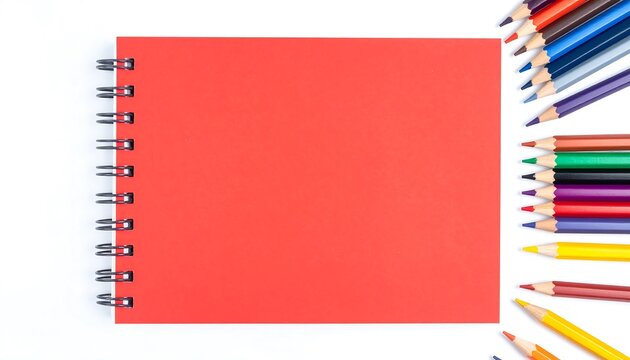 Red notebook with colored pencils on white.