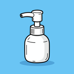 Cartoon Illustration of a White Plastic Soap Dispenser Bottle with Pump on Blue Background