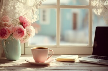 A desk situated near a window holds a laptop, notebook, and coffee mug, evoking cozy workspace vibes