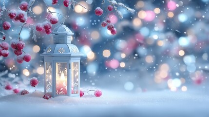 A magical holiday card design featuring a Christmas lantern glowing warmly amidst snow, surrounded by snow-covered pine branches and festive decorations, all set against vibrant winter colors