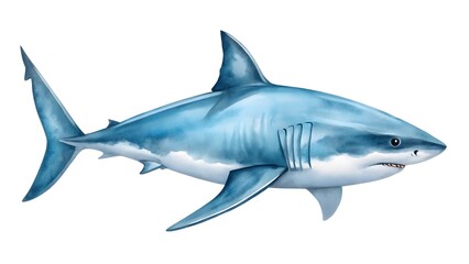 Naklejka premium Majestic Great White Shark, Watercolor Style, Ocean Predator, Powerful Marine Life Illustration.