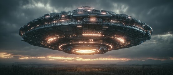A mysterious, unidentified flying object is suspended above a field, symbolizing an alien presence, and incorporating themes of extraterrestrial life, space exploration, and advanced technology in