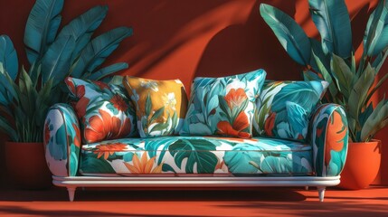 In a cozy and modern living room, a yellow muted blank wall provides a mockup for poster art, complemented by a bold orange sofa, rainbow-hued plain cushions, lush greenery, and warm sunlight,