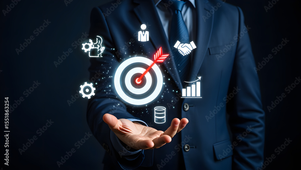Poster business strategy and goal setting businessman presenting target with icons representing key perform