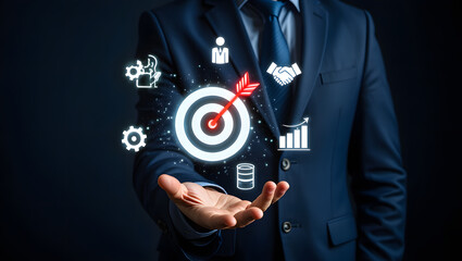 Business Strategy and Goal Setting Businessman Presenting Target with Icons Representing Key Performance Indicators for Success and Achievement in Corporate Environment