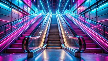 Neon lights illuminate a modern escalator in a futuristic city setting