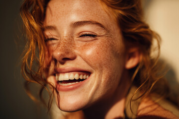 Redheaded woman with freckles laughing naturally in sunlight halo