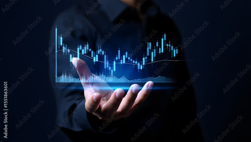 Poster analyzing financial growth a businessman's hand displaying a holographic stock market chart for stra