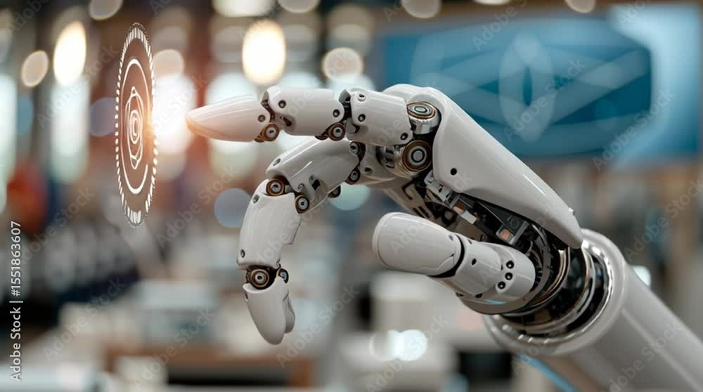 Poster a robotic hand engages with a holographic interface, demonstrating cutting-edge technology in automa
