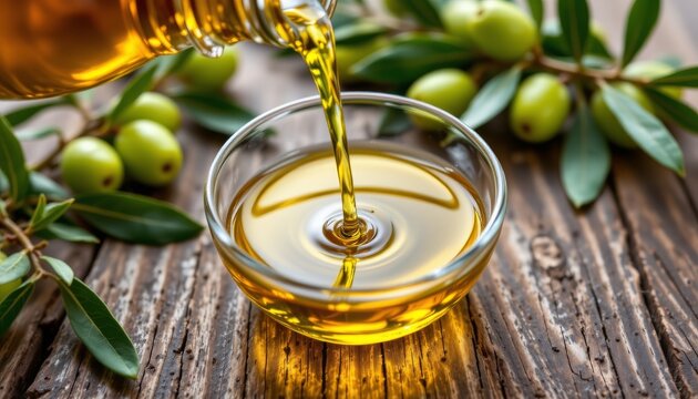 a close up photograph of an olive oil bottle with oil being poured into a bowl, set against a backdrop of whole green olives and branches. the bottle has a dark glass stopper