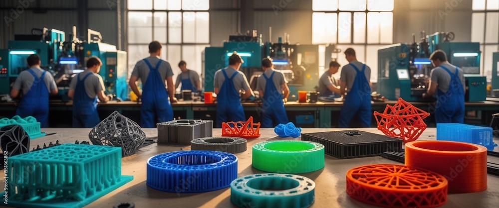 Aufkleber colorful 3d printed objects on a table in a factory workshop with workers operating machinery in the