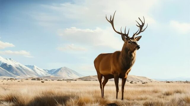 Majestic deer with antler in golden grassland, mountain and clear blue sky, peaceful wildlife and nature scene, sunlight on animal mammal, serene atmosphere, natural beauty