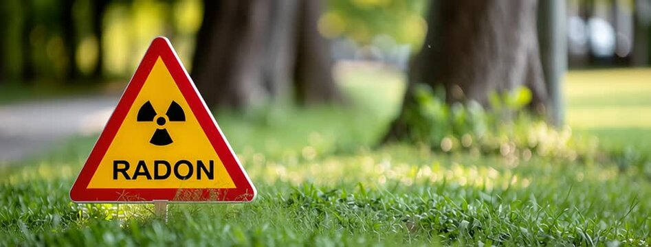 Warning sign highlights the potential dangers of radon exposure in areas near homes and parks, promoting safety and health awareness