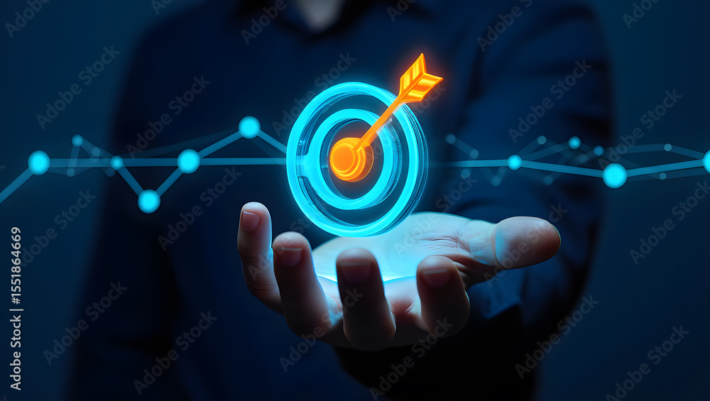 Poster strategic focus a man's hand presenting a holographic target symbolizing clear objectives and focuse