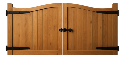 Wide wooden swing gate with a natural stain finish, perfect for a large country home.