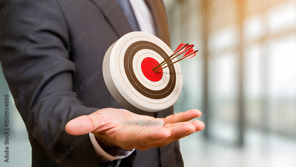 Poster achieving goals a business strategy concept with a target and arrows held in hand representing preci