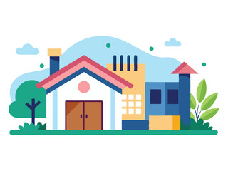 Stylized illustration of a modern house and factory with trees and clouds isolated on white background
