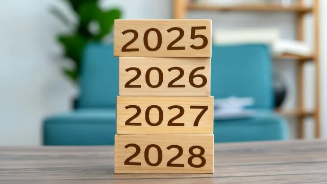 Stacked Wooden Blocks Showing Years 2025-2028 - Four light brown wooden blocks are stacked on a wood table, each displaying a year from 2025 to 2028 in dark brown lettering.