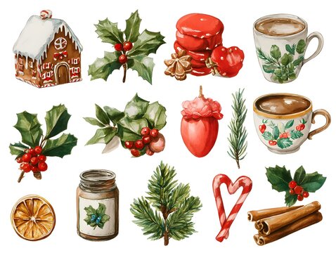 Traditional Christmas decor and elements in watercolor. Spices, decorations, cookies, and gifts. Part of a Christmas mood image.