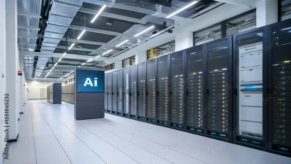 Poster ai server room corridor - a long corridor in a modern data center showcases rows of illuminated serv