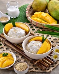 Mango sticky rice is a Thai dessert made from sticky rice, mango and coconut milk.